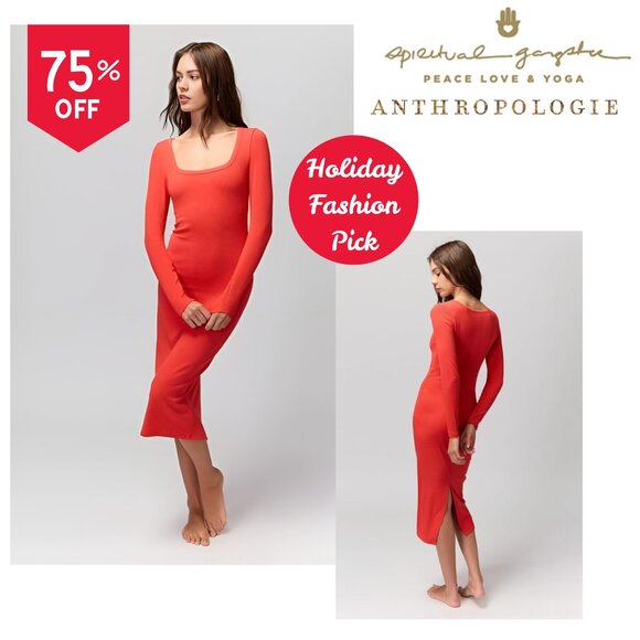 ANTHROPOLOGIE Spiritual Gangster Luly Slim Ribbed Knit Red Midi Dress NWT $176 - Picture 7 of 7